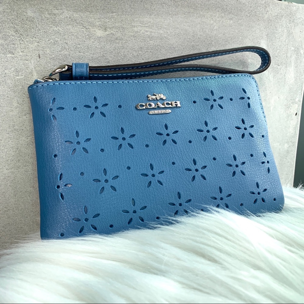Coach Perforated Midnight Blue Leather Wristlet